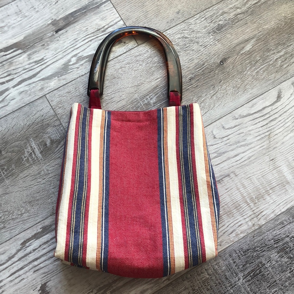 Vintage Turtois Shell Acrylic Handle Handmade Stripped Fabric Lined PURSE